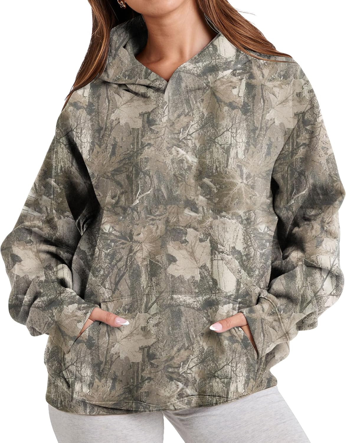 Womens Camo Hoodies Maple Leaf Print Oversized Hooded Sweatshirt Fleece Pullover...