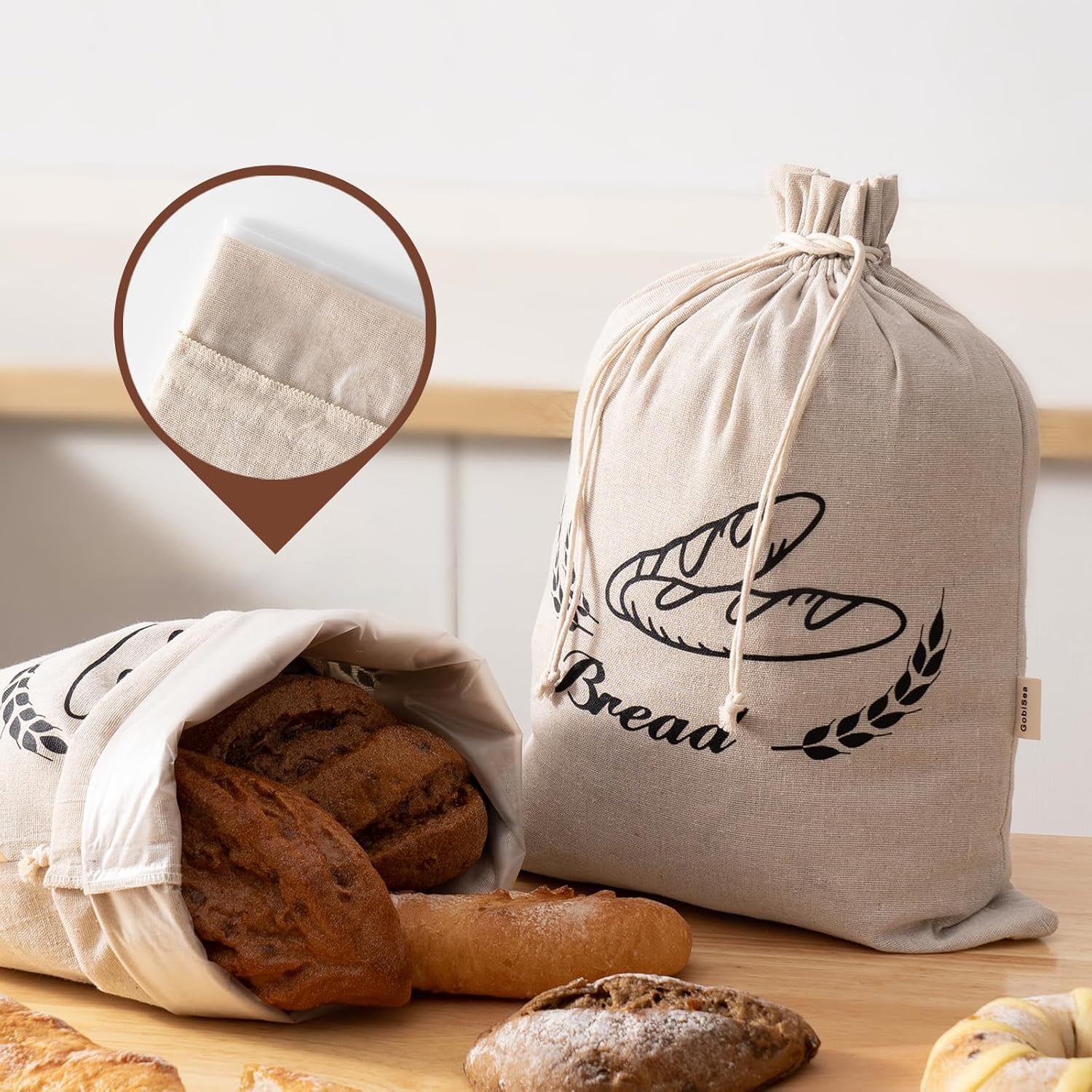 GobiSea 2 Pack Bread Bags for Homemade Bread - Plastic Lined - Keep Bread Fresh...