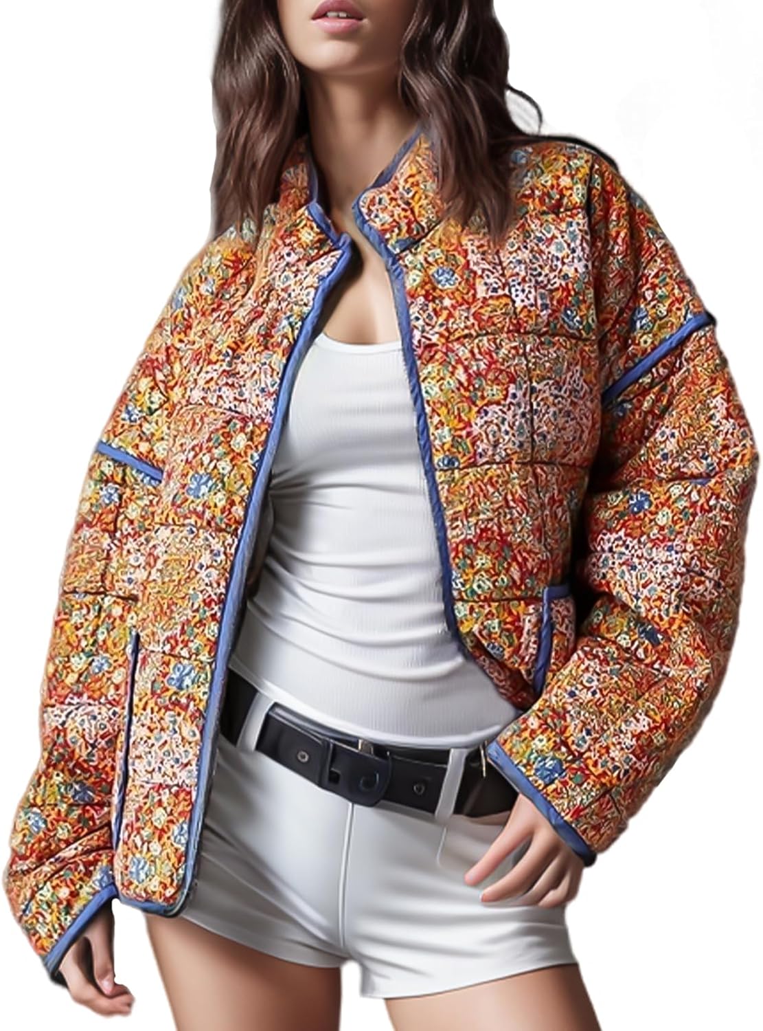 Wyeysyt Women's Cropped Puffer Jacket Lightweight Floral Print Long Sleeve Padde...
