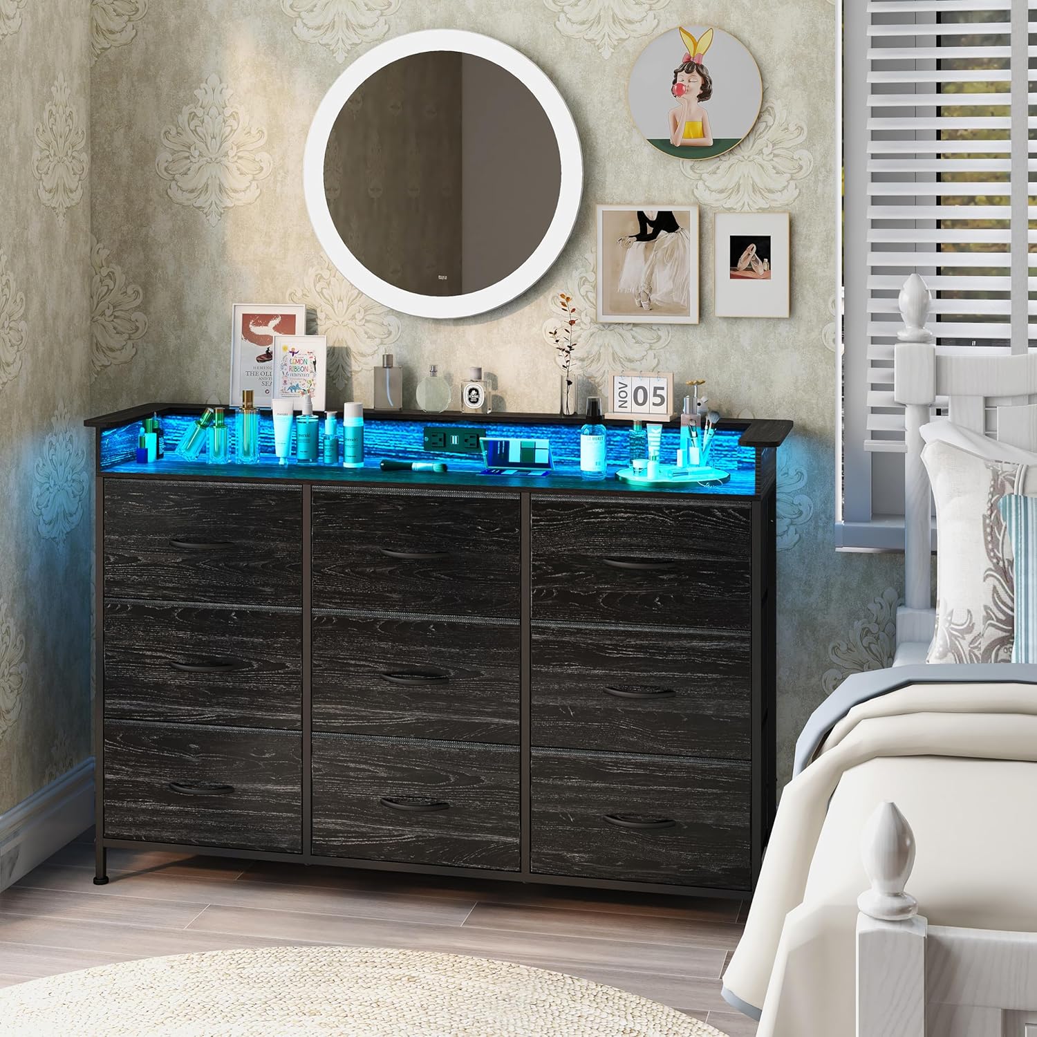 EXOTICA Black Dresser with Charging Station 9 Draw...