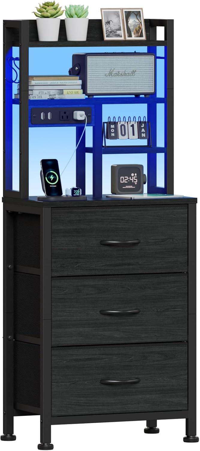 Furnulem Tall Night Stand with 3 Fabric Drawers and LED Lights, Nightstand with...