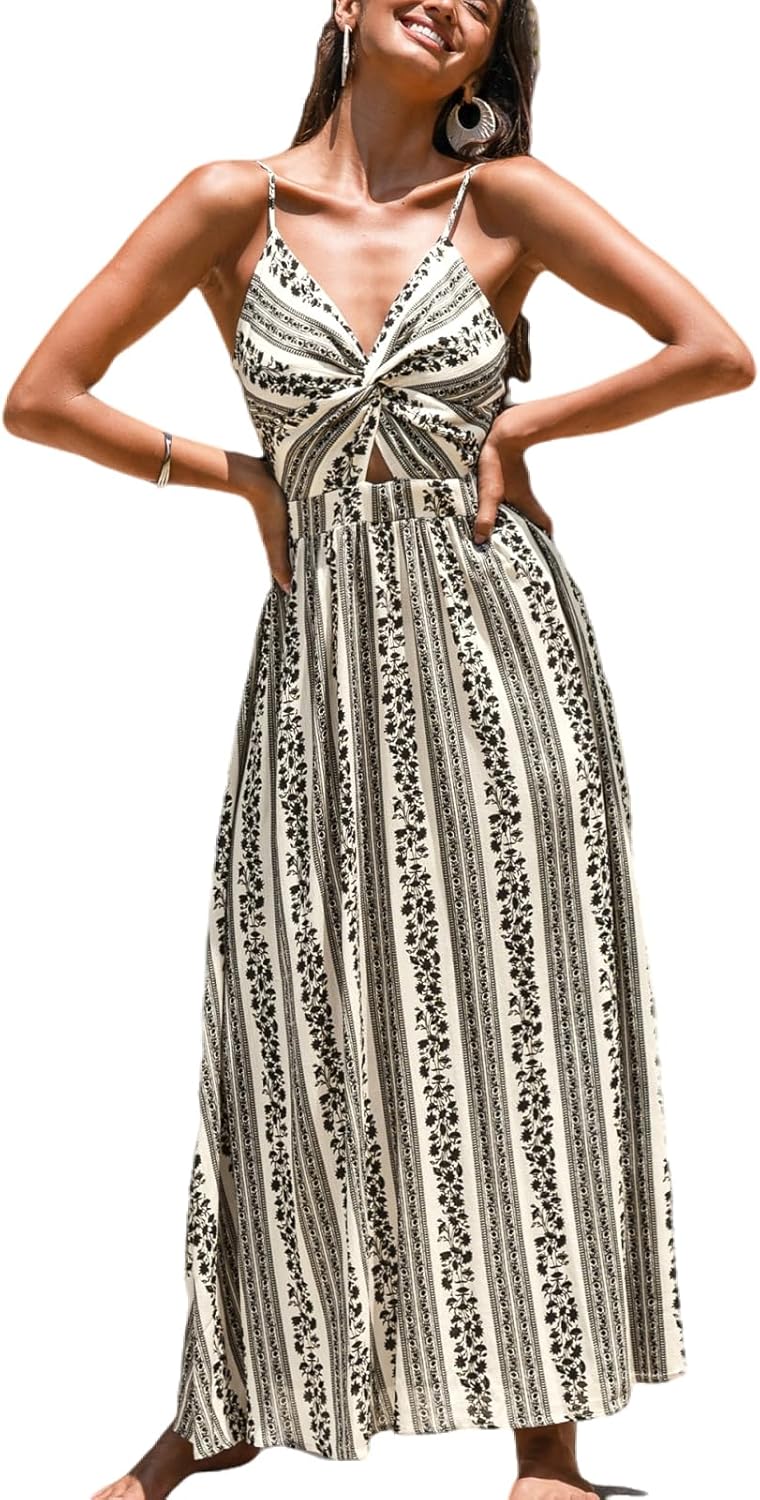CUPSHE Women's Maxi Dress Floral Print Twisted V Neck Sleeveless Long Dress Summ...