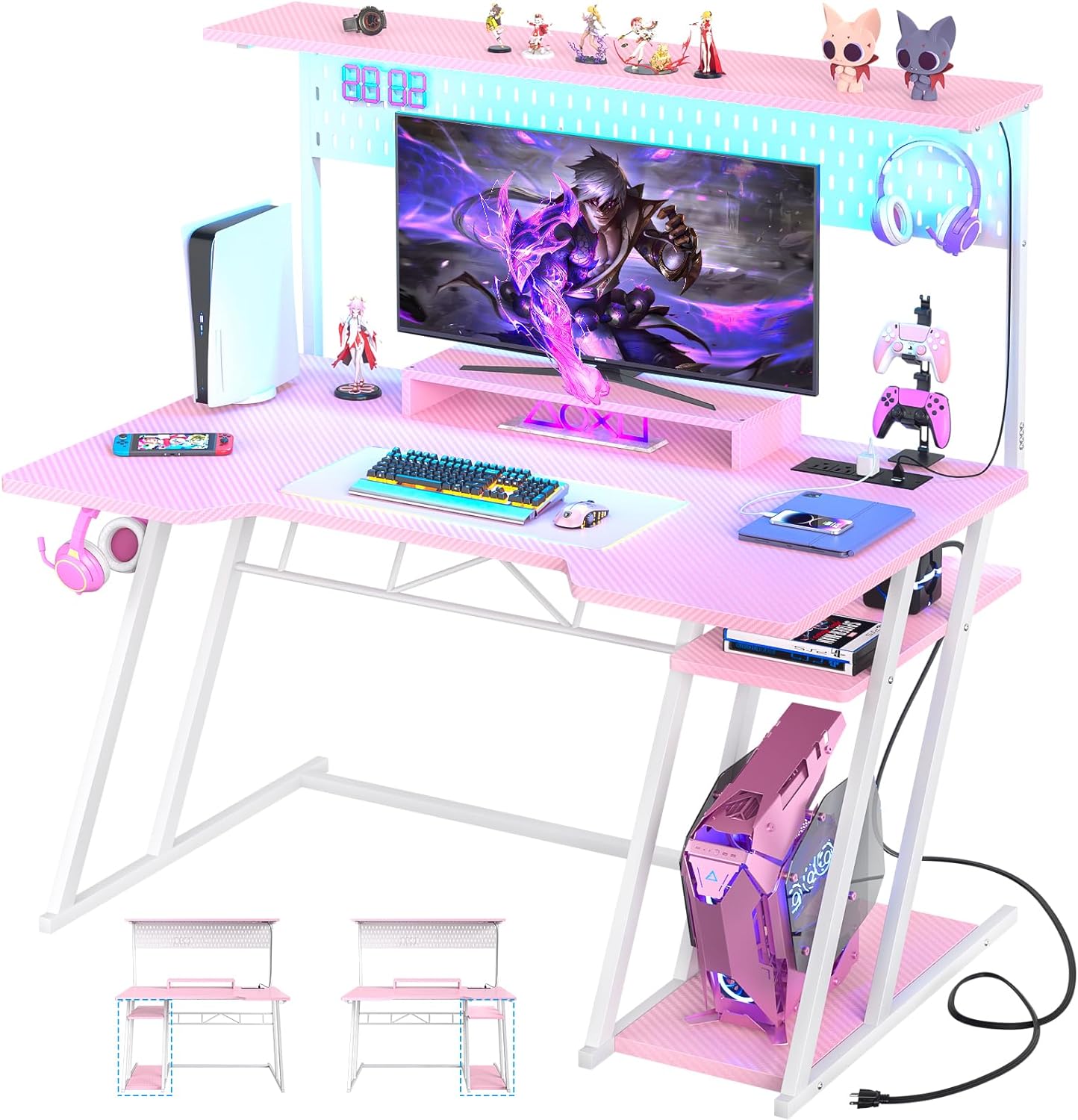 Gaming Computer Desk with Power Outlets, Gaming Desk with Hutch and LED Lights,...