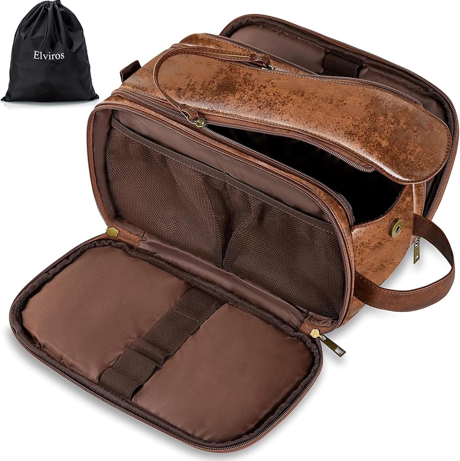 Water-Resistant Leather Toiletry Bag for Men Large Travel Wash Bag Shaving Dopp...