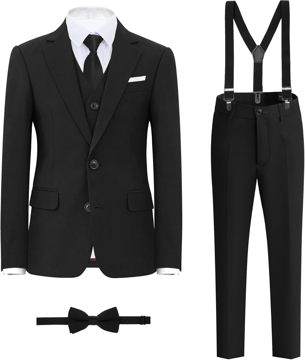Boys' Formal Suit Set, with Suspenders, Adjustable Waist 14 Black 6pcs