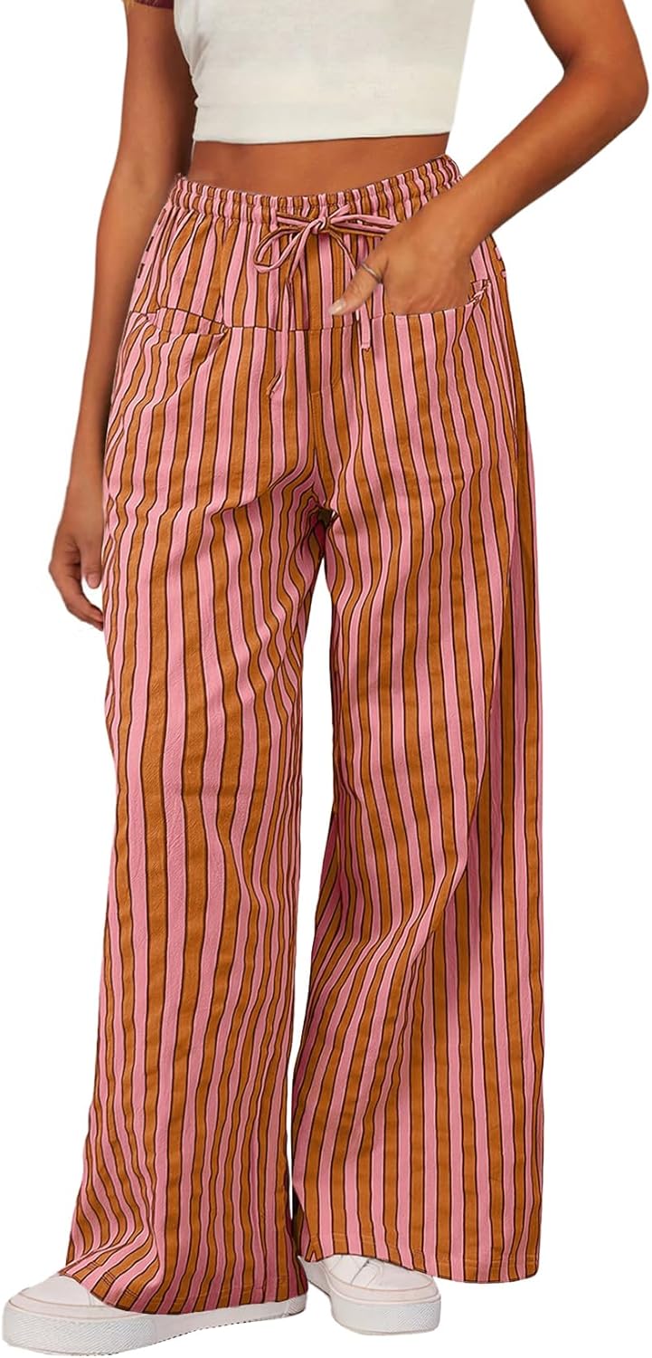 Acelitt Women Casual Drawstring Elastic Waist Loose Wide Leg Striped Pants with...