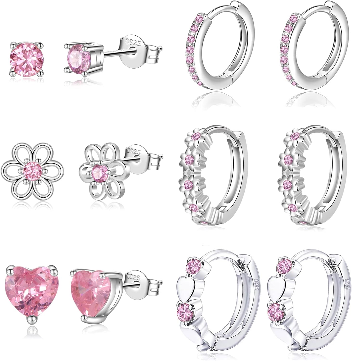 6 Pairs Huggie Hoop Earrings for Girls 925 Sterling Silver Stud Sets Cute Kids H...
