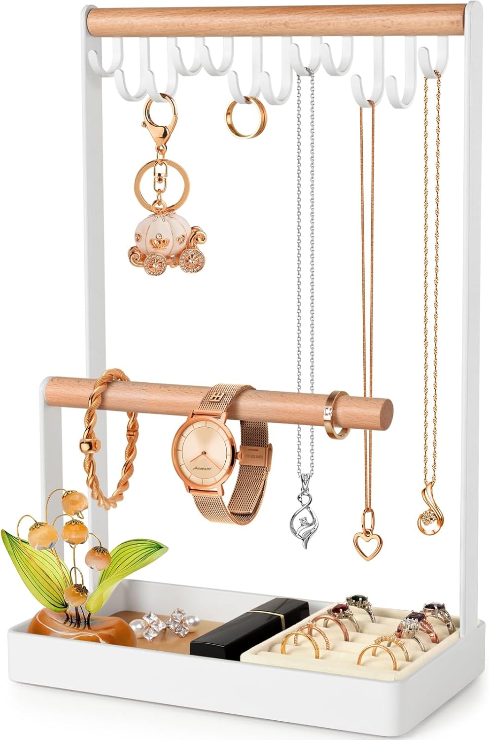 PAMANO Jewelry Organizer with Velvet Ring Holder, 3-Tier Necklace Stand Wooden E...