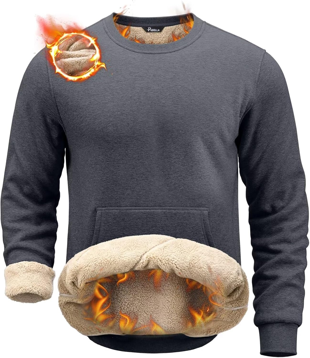 Pudolla Men's Sherpa Lined Sweatshirts Warm Soft Crewneck Sweatshirts Heavyweigh...