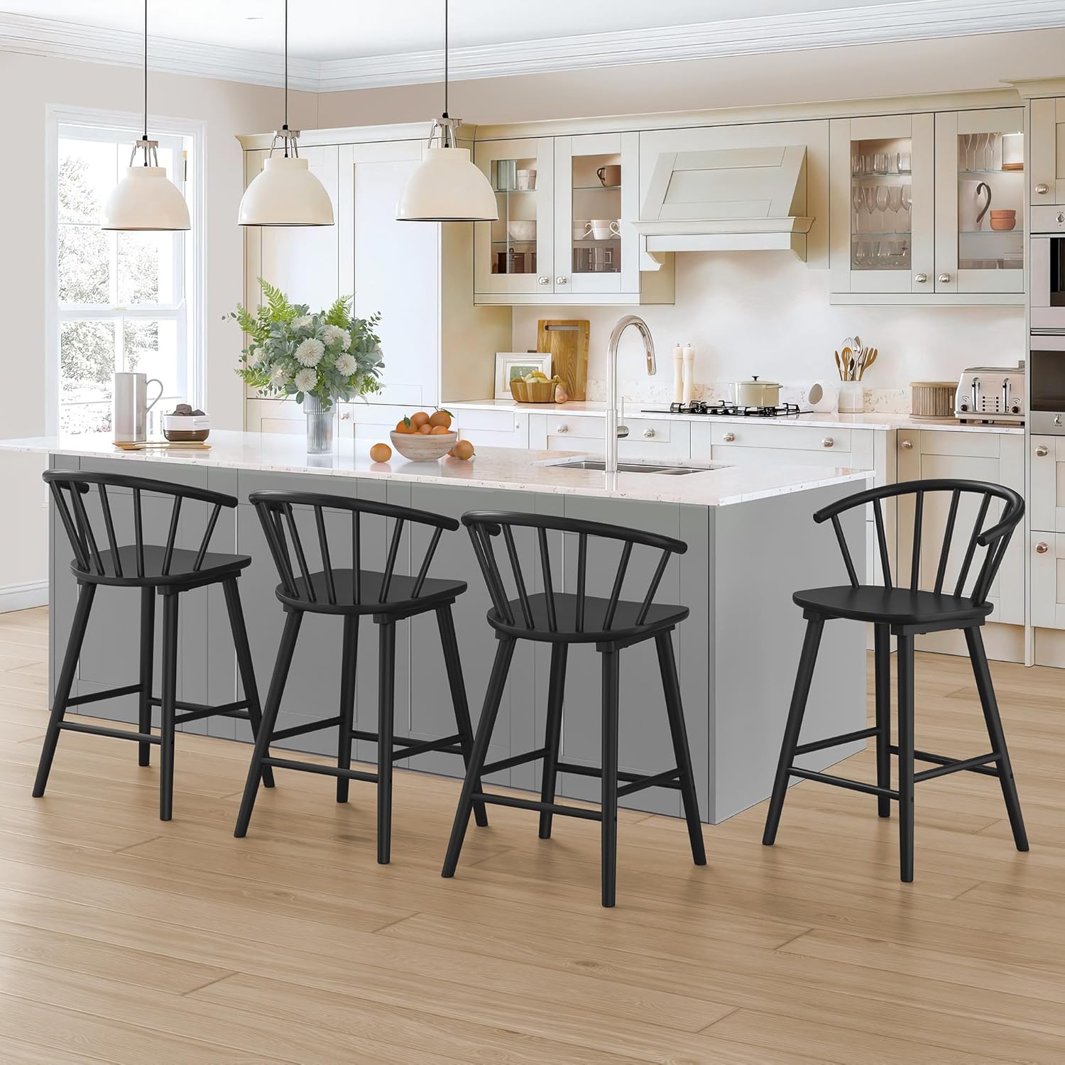 LUE BONA Wood Bar Stools with Semicircular Backrest, Black Farmhouse Barstools S...