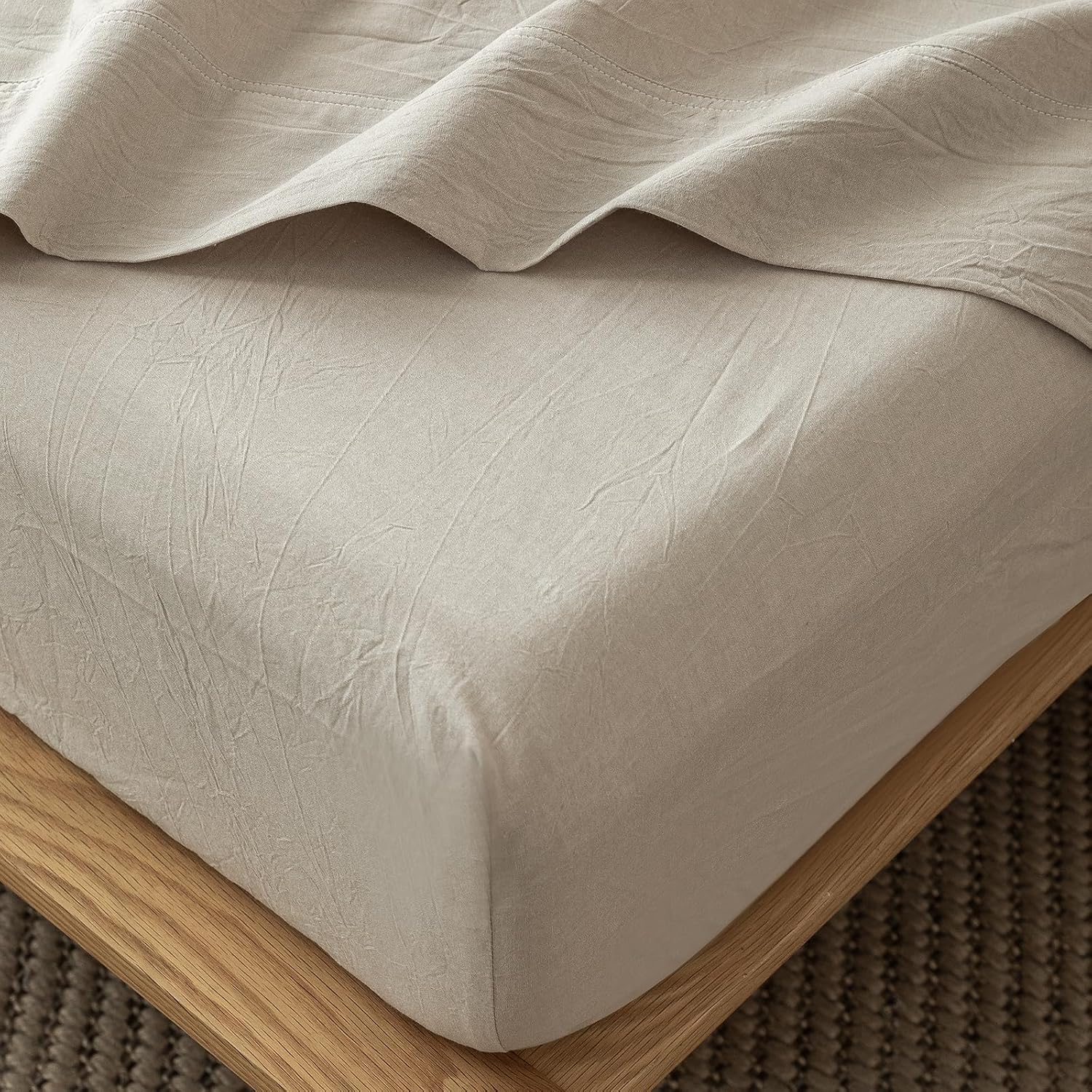 MooMee Fitted Bottom Sheet Only 100% Washed Cotton Linen Like Textured Breathabl...
