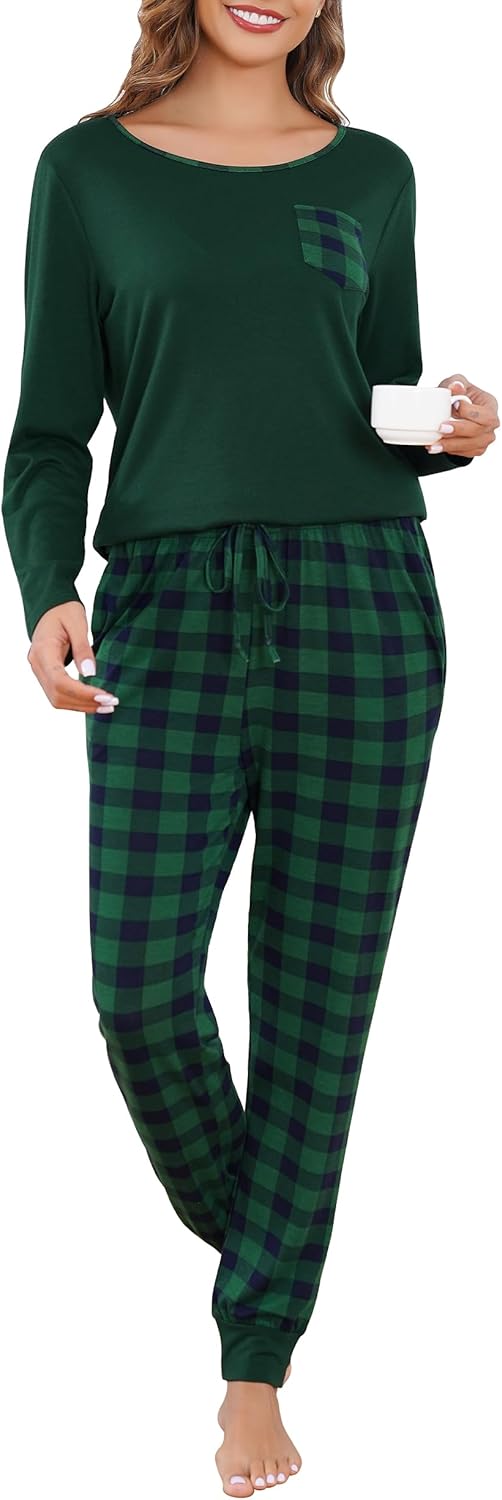Vlazom Women's Pyjamas Sets V-Neck Soft Long Sleeve Top & Plaid Pant Pjs Set Sle...