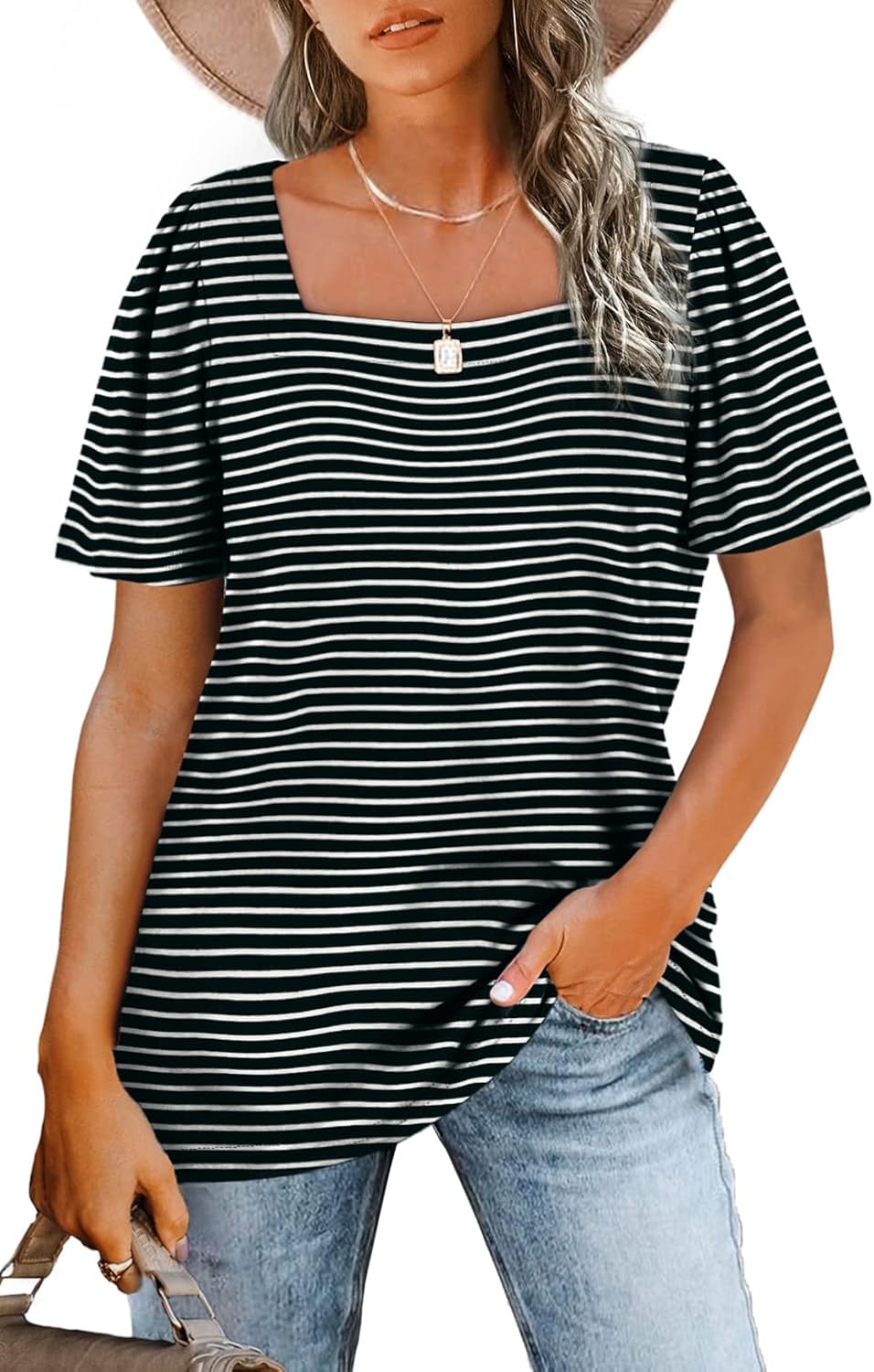 WIHOLL Womens Summer Tops Casual Square Neck Puff Short Sleeve T Shirts 1-black...