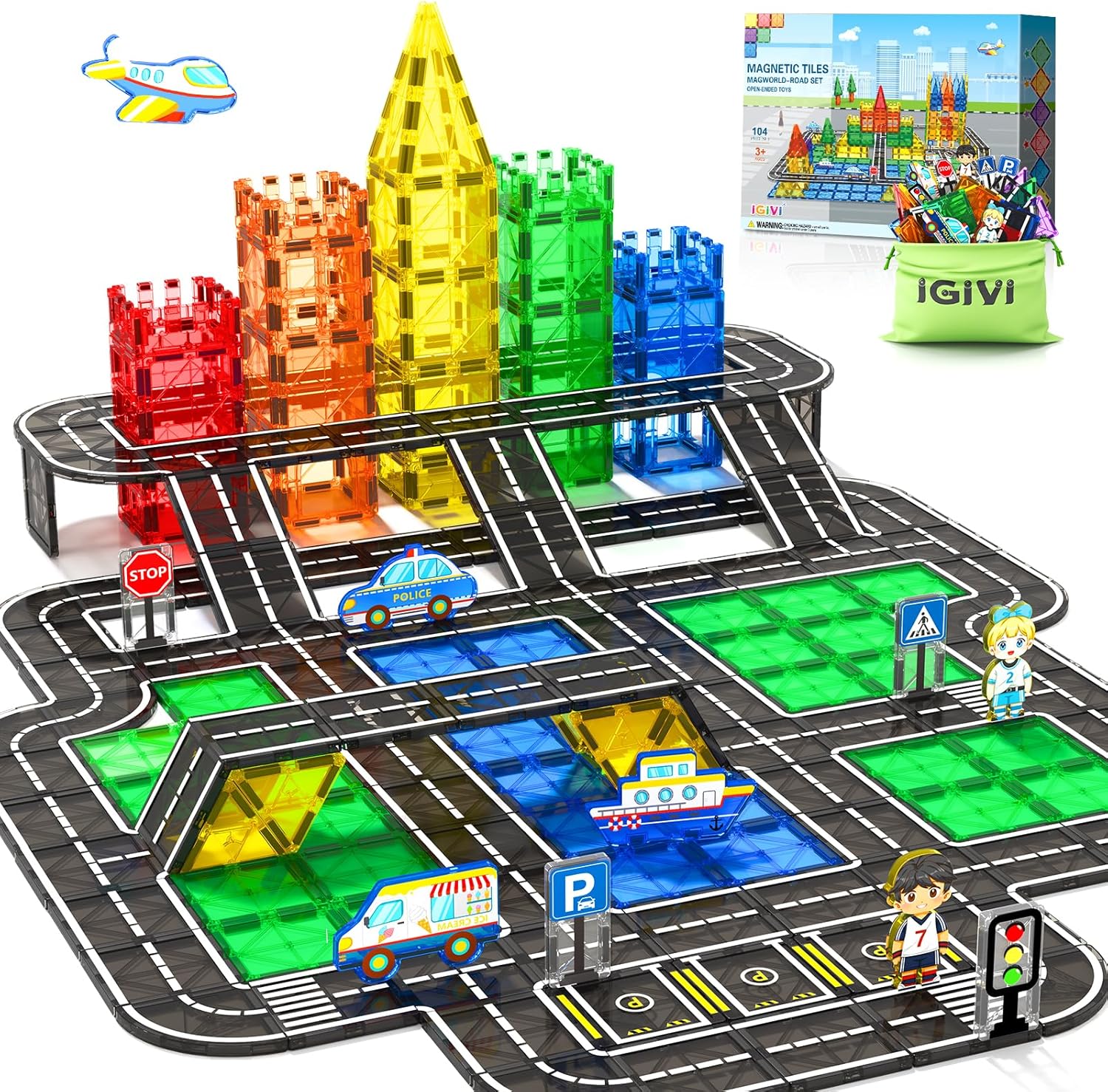 104 PCS Magnetic Tiles Road Set, STEM Magnet Building Blocks for Kids Toddler To...