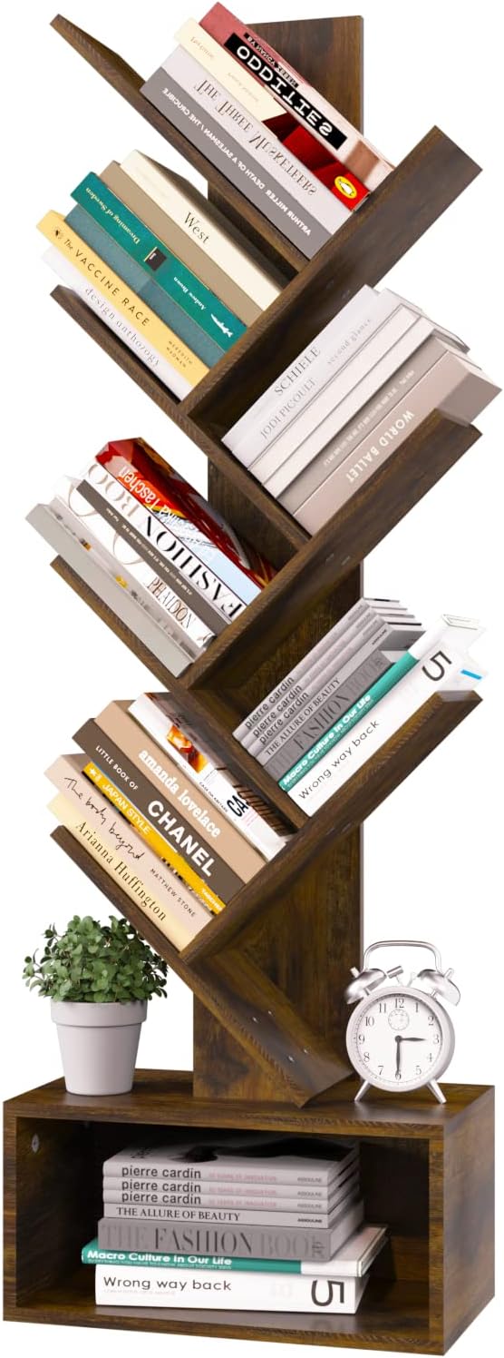 Yoobure Tree Bookshelf - 6 Shelf Retro Floor Standing Bookcase, Tall Wood Book S...