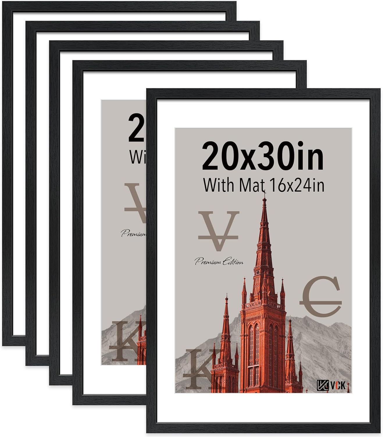 VCK 20x30 Poster Frame Black - 5 Pack, Solid Wood Picture Frame, Matted to 16x24...