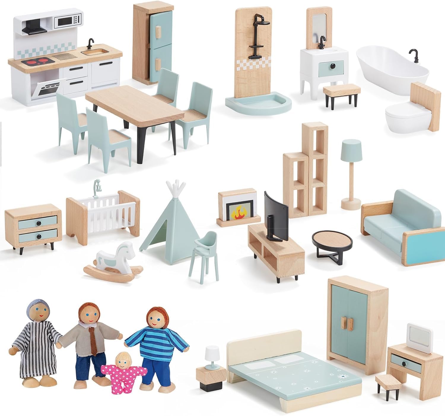 36pcs Wooden Dollhouse Furniture Set 5 Rooms with 4 Family Dolls, Wood and Plast...