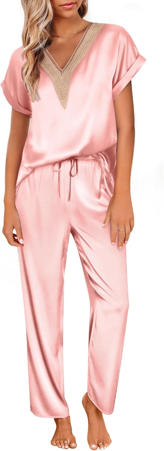 Ekouaer Womens Silk Pajamas Set Satin Pjs with Long Pants Short Sleeve Sleepwear...