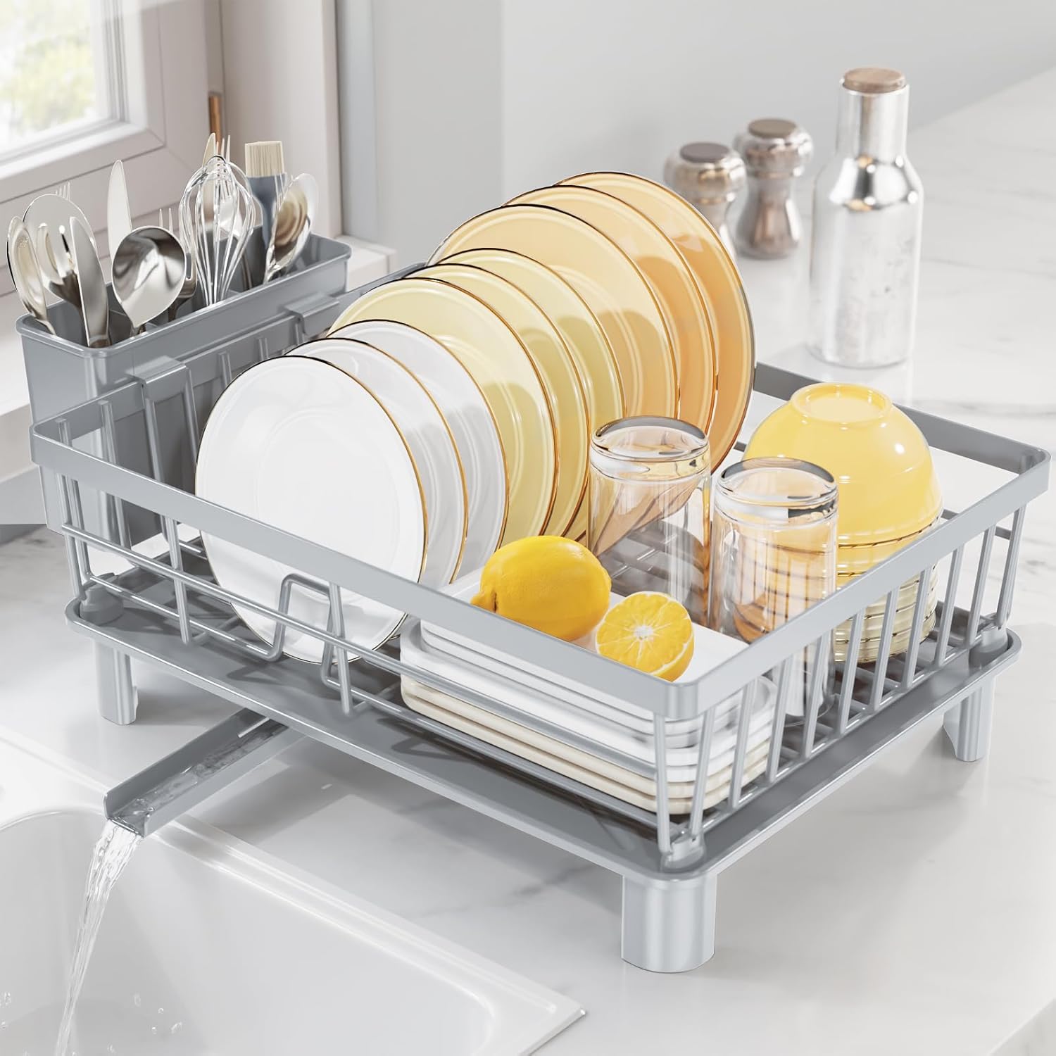 LIONONLY Dish Drainer Rack with Drip Tray,Detachable Dish Drying Rack for Kitche...