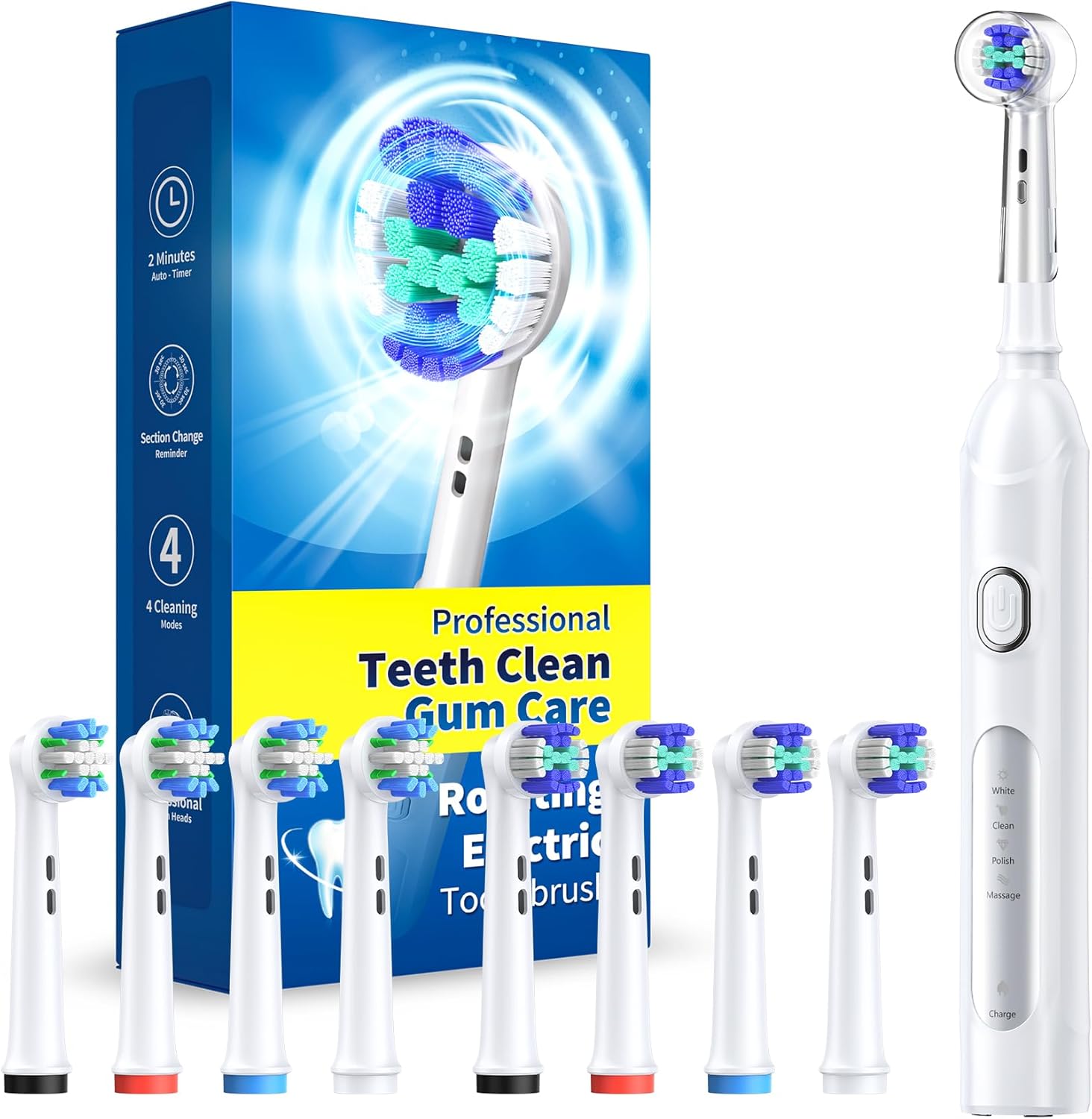 Rotating Electric Toothbrush for Adults with 8 Brush Heads (2 Types), 4 Modes De...