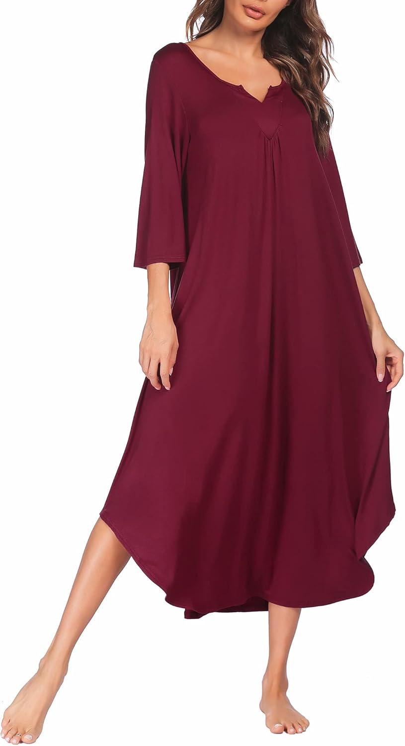 Ekouaer Long Nightgown for Women 3/4 Sleeves Nightshirt Maxi Sleep Dress Plus Si...