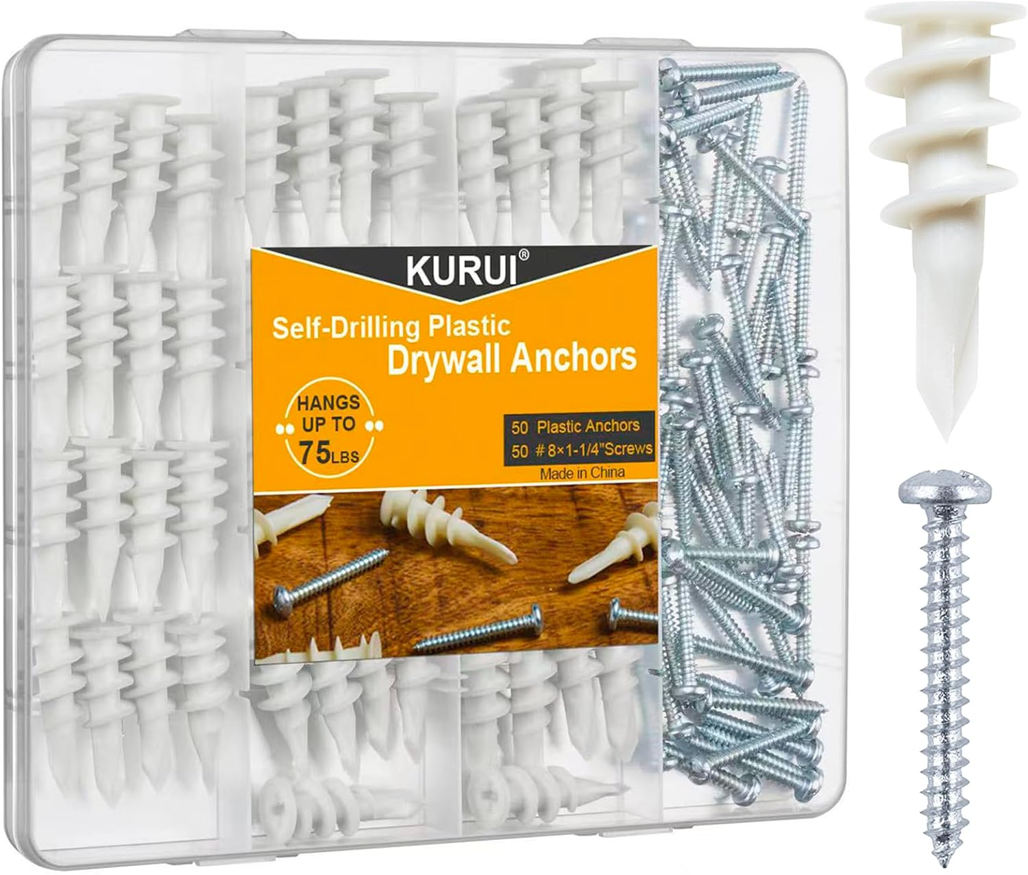 KURUI #8 Self Drilling Drywall Anchors, 100PCs Dry Wall Anchors and Screws for D...