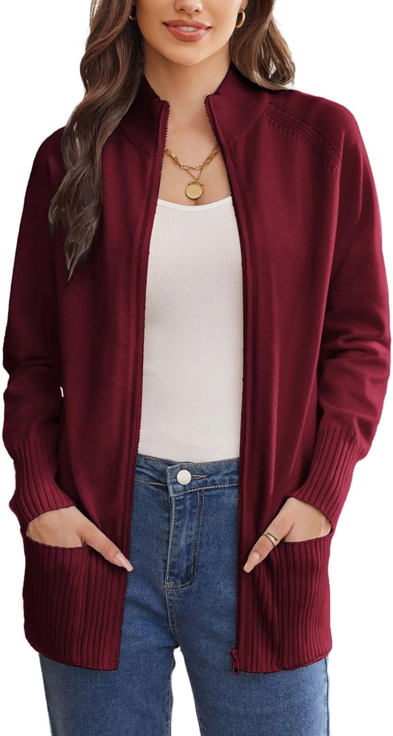 GRACE KARIN Women's Long Sleeve Zip Up Knit Cardigan with Pockets Stand Collar F...