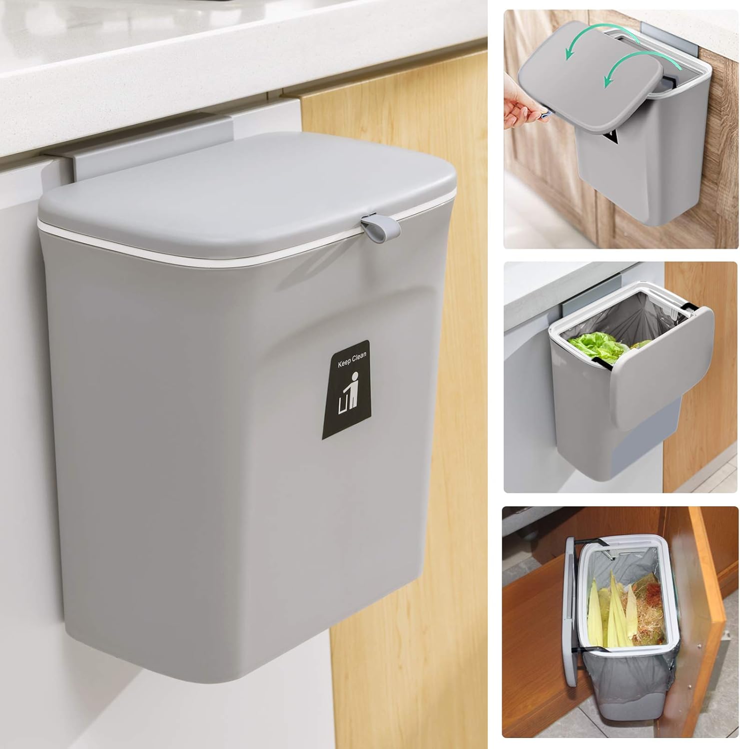Tiyafuro 2.4 Gallon Kitchen Compost Bin for Counter Top or Under Sink, Hanging S...
