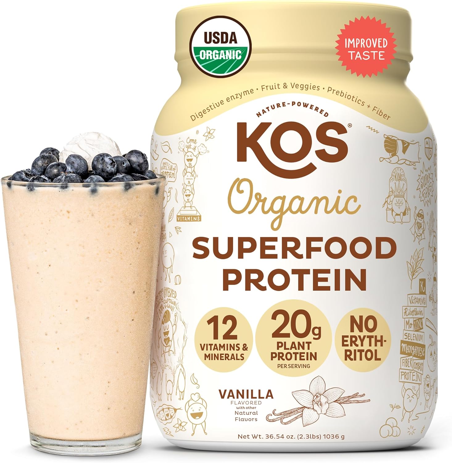 KOS Vegan Protein Powder Erythritol Free, Vanilla USDA Organic - Pea Protein Ble...