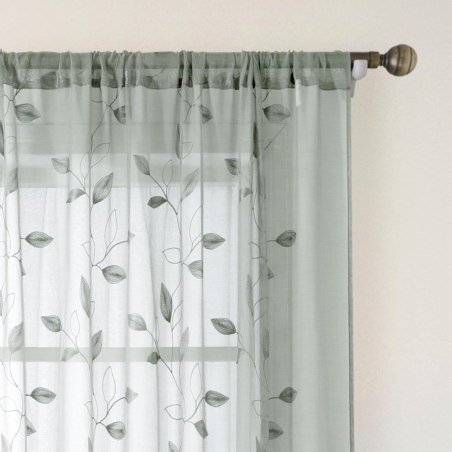 HOMEIDEAS Sage Green Sheer Curtains 52 X 96 Inches Long 2 Panels Embroidered Lea...