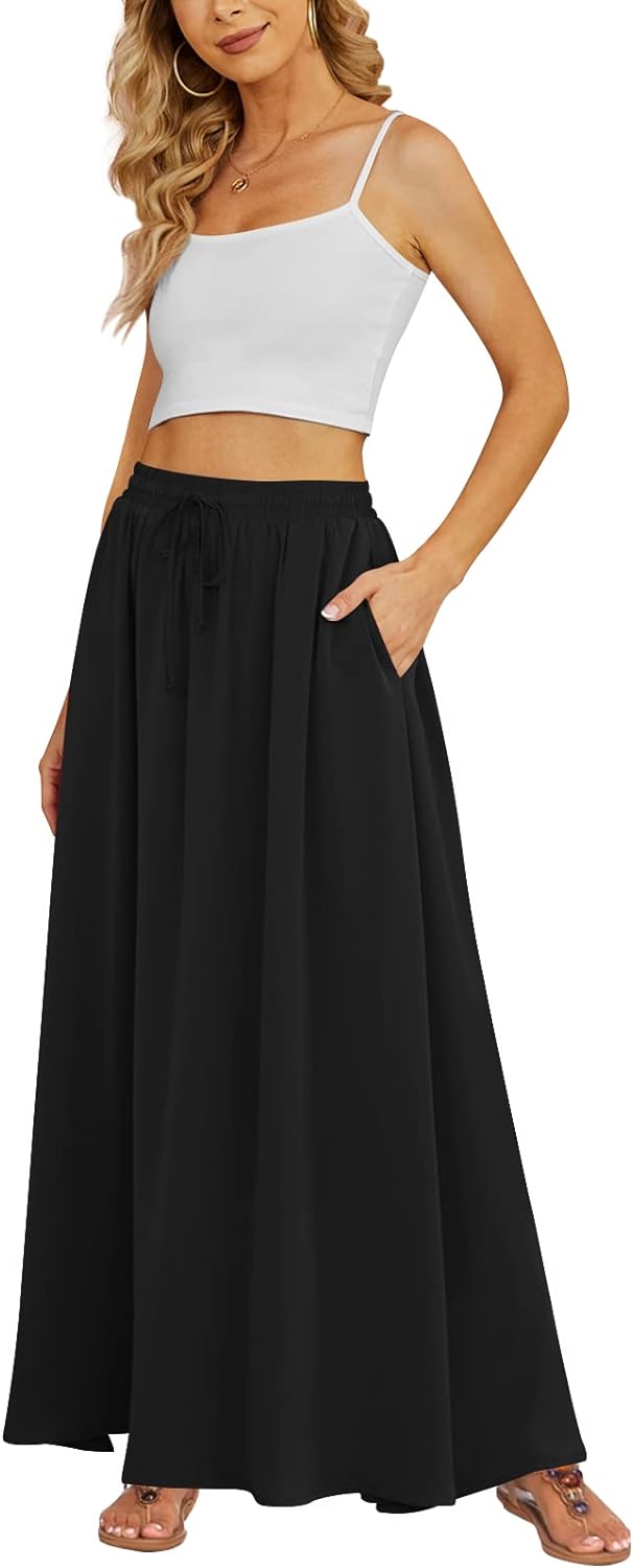 Yincro Women's Flowy Maxi Skirt Summer Pleated High Waisted Casual Long Skirts w...