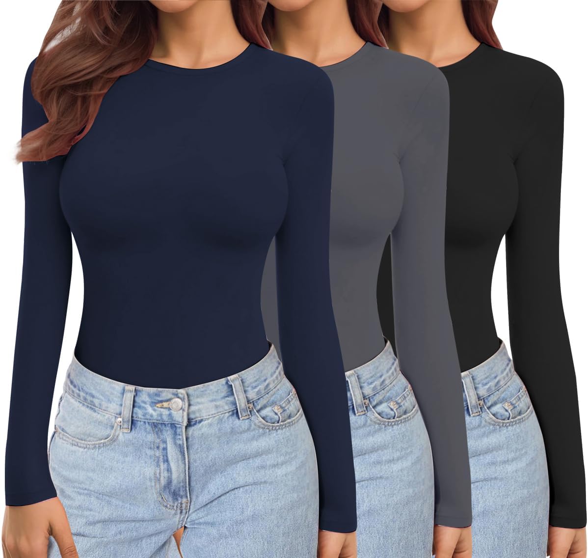 Ekouaer Womens 3 Pack Long Sleeve Tops Crew Neck Thermal Shirts Set Stretch Fitt...