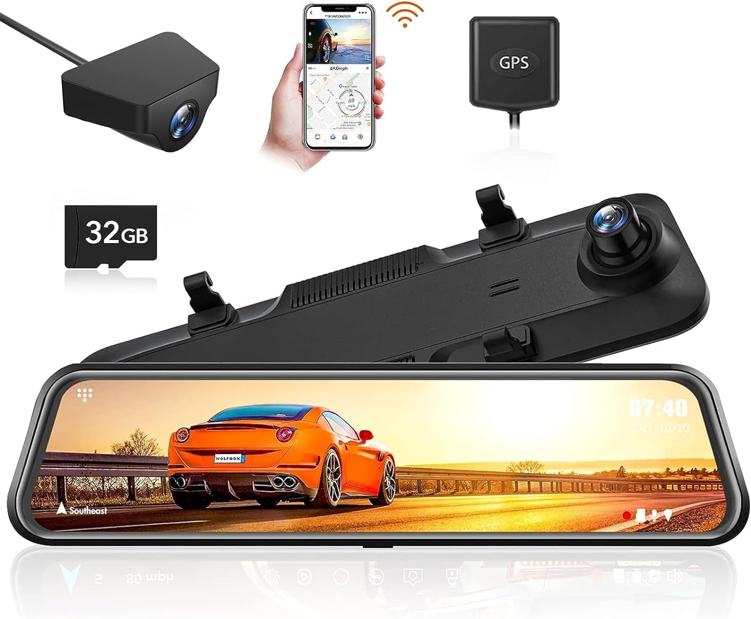WOLFBOX 12'' WiFi Mirror Dash Cam,2.5K Rear View Mirror Camera with 1080P Rear C...
