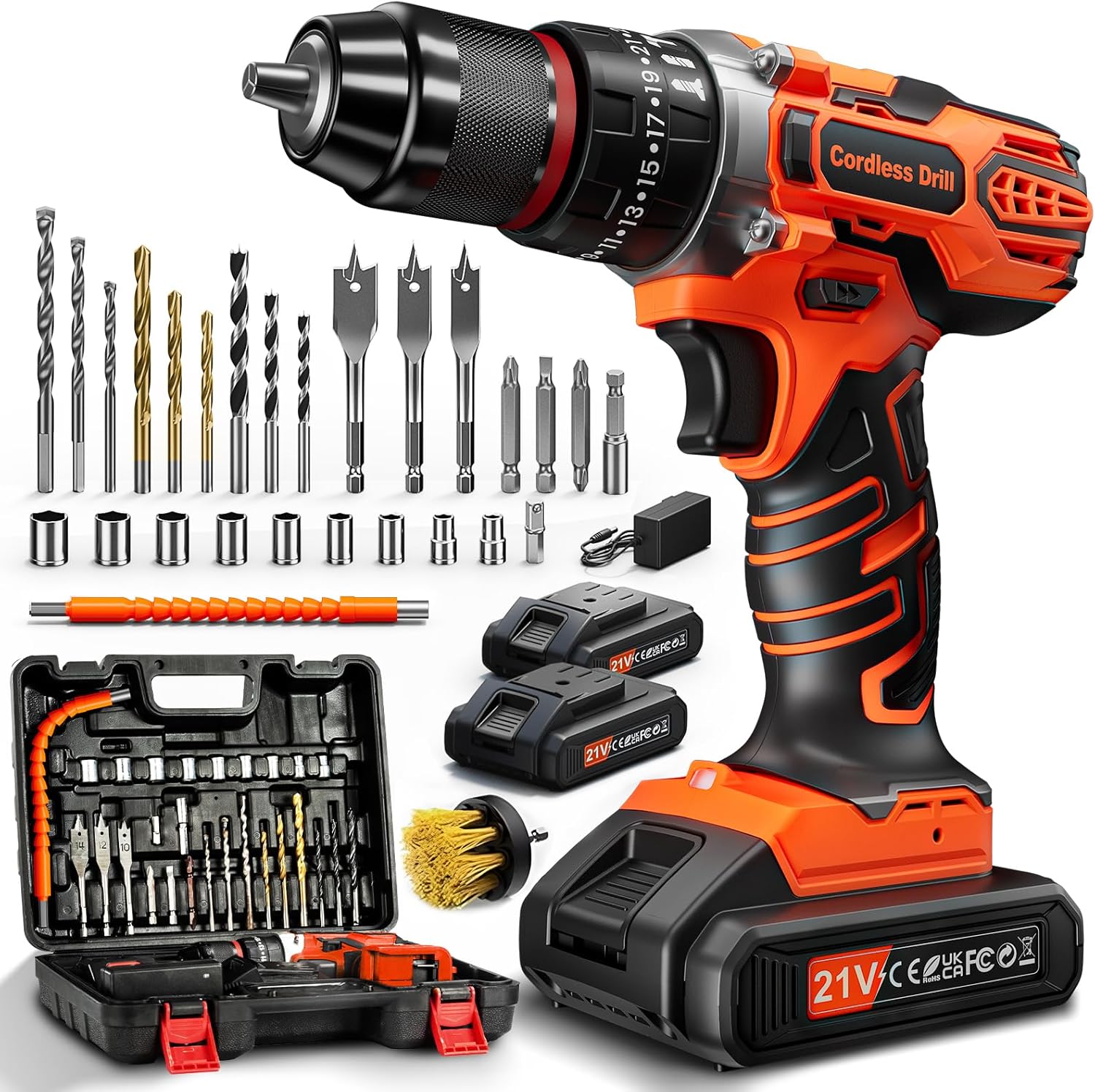 FAHEFANA 21V Cordless Drill, 45Nm Hammer Drill with 2 Batteries 2.0Ah, 25+3 Torq...
