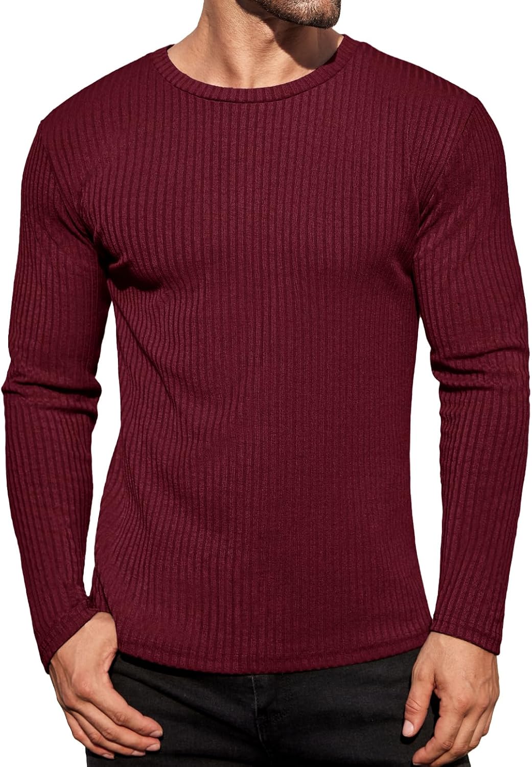 Ekouaer Men's Long Sleeve Shirts Ribbed Pullover Sweater Sim Fit Thermal Tops Cr...