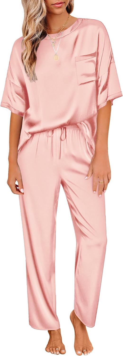 Ekouaer Womens Satin Silky Pajama Set Short Sleeve Shirt with Long Pajama Pant S...