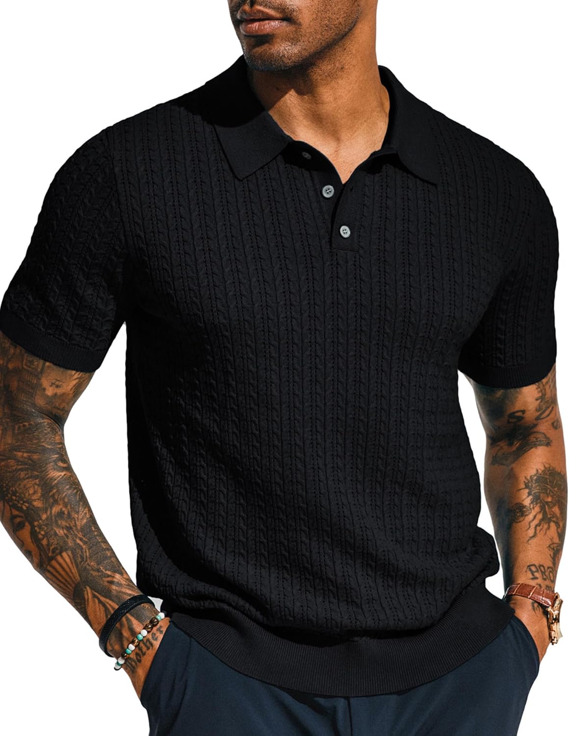 PJ PAUL JONES Mens Knit Polo Shirt Short Sleeve Hollow Out Knit Shirt Texture Kn...