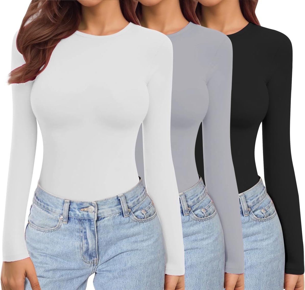 Ekouaer Womens 3 Pack Long Sleeve Tops Crew Neck Thermal Shirts Set Stretch Fitt...
