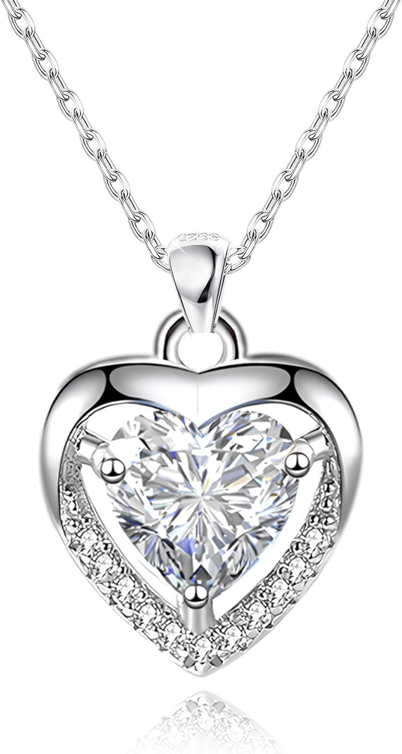EXGOX Silver Heart Necklace, 925 Sterling Silver Chain with Crystal Heart for Wo...