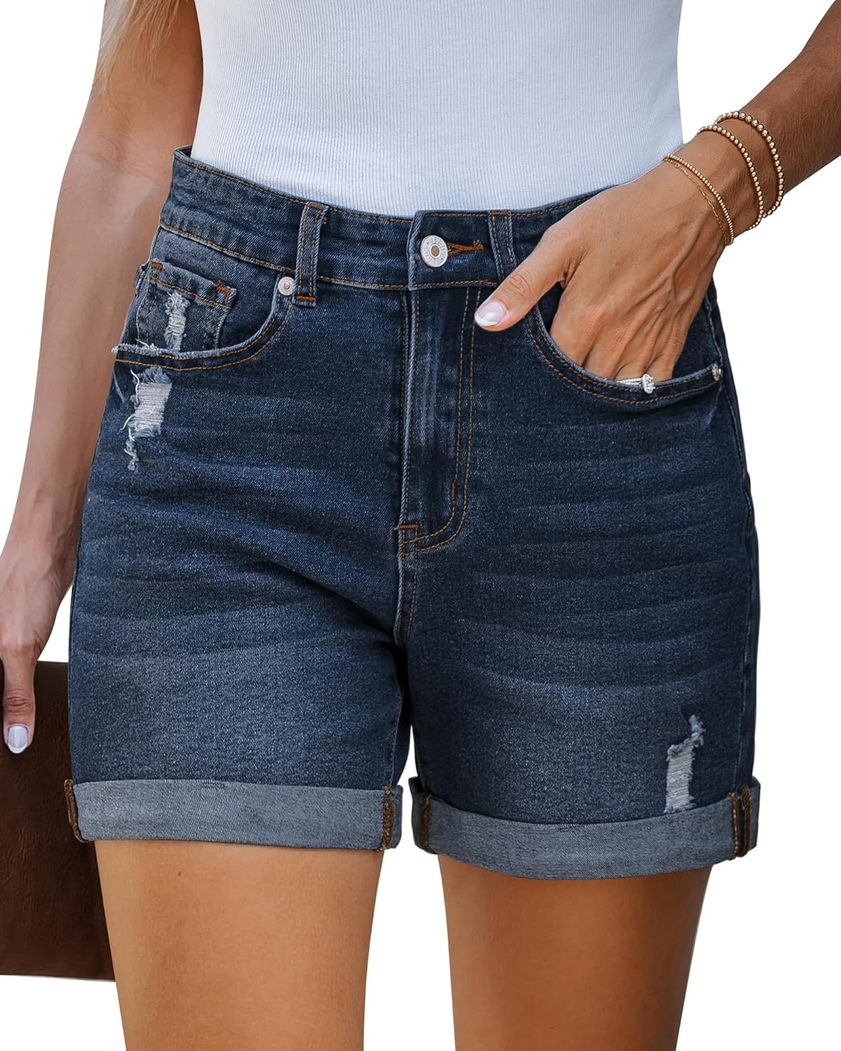 LookbookStore Jean Shorts Womens Stretchy High Waisted Ripped Denim Shorts with...