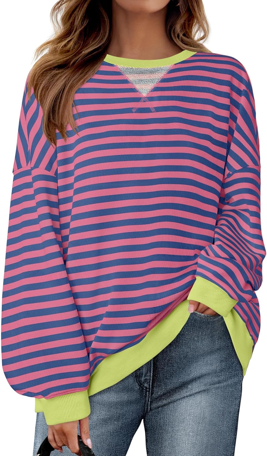 ZESICA Womens Casual Striped Pullover Tops Long Sleeve Shirts Crewneck Oversized...