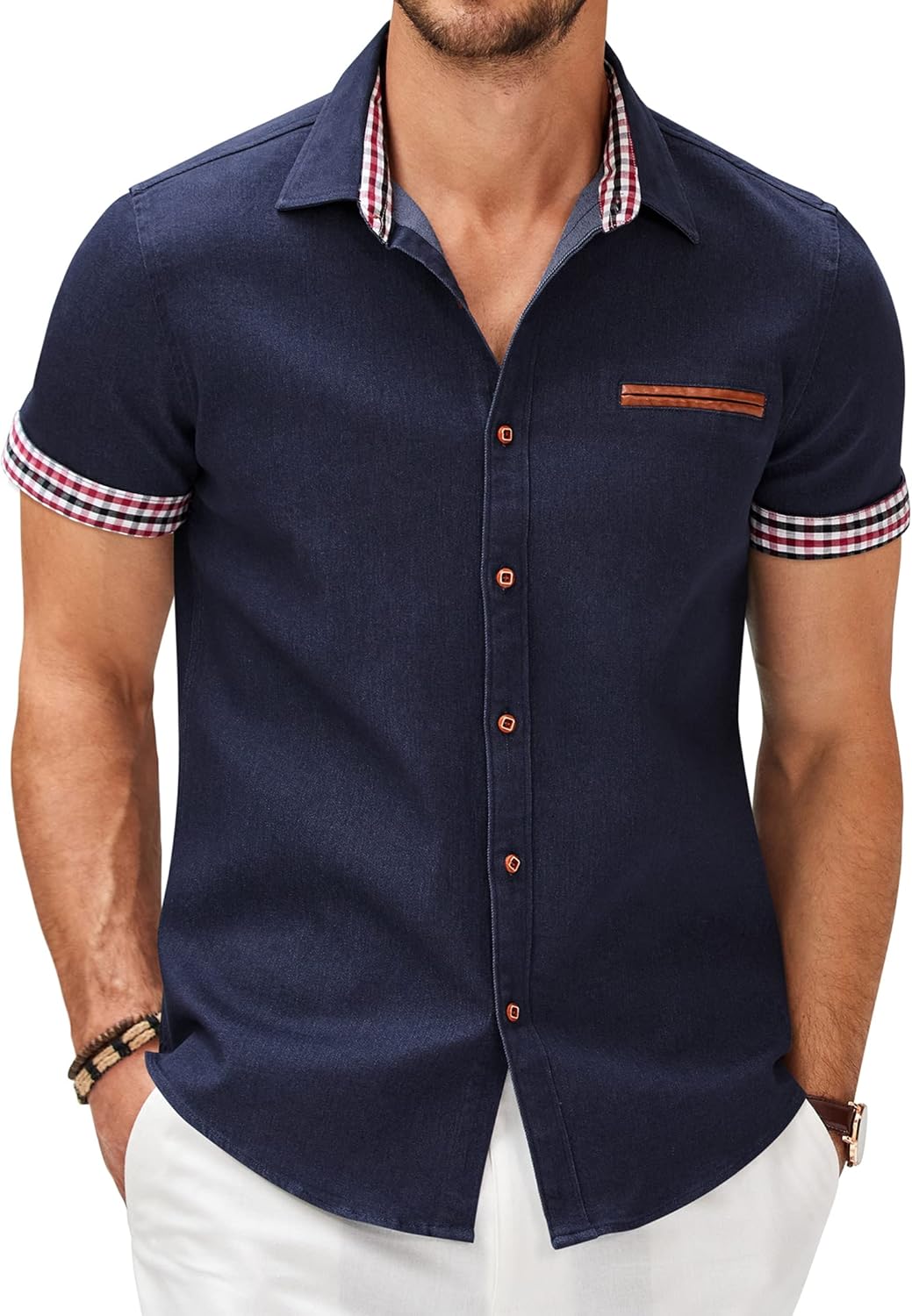 COOFANDY Men's Casual Short Sleeve Button Down Dress Shirt Plaid Collar Denim Wo...