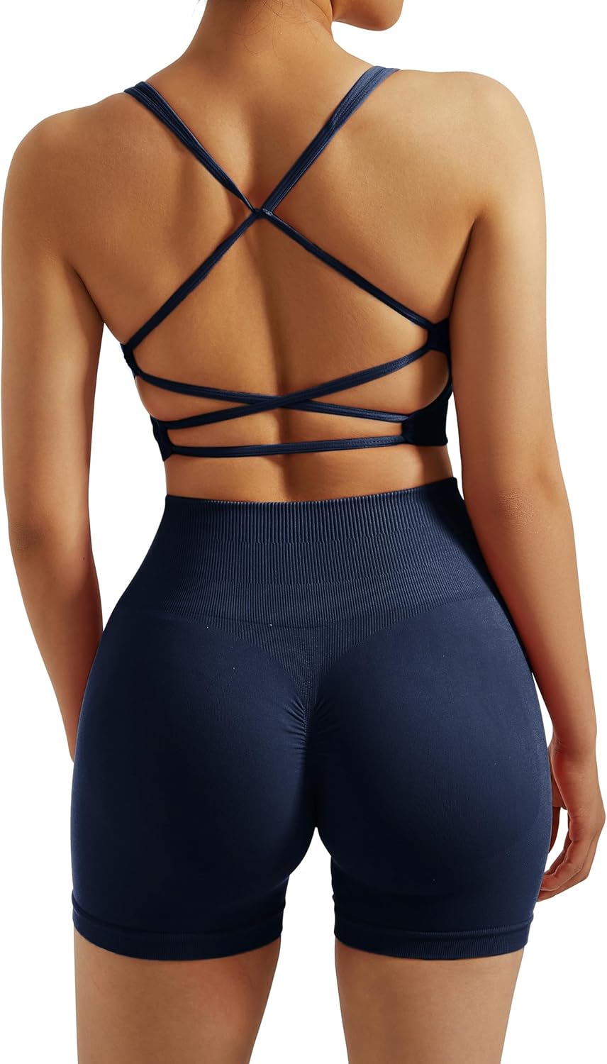 RXRXCOCO Seamless Workout Sets for Women 2 Piece Strappy Sports Bras Scrunch But...