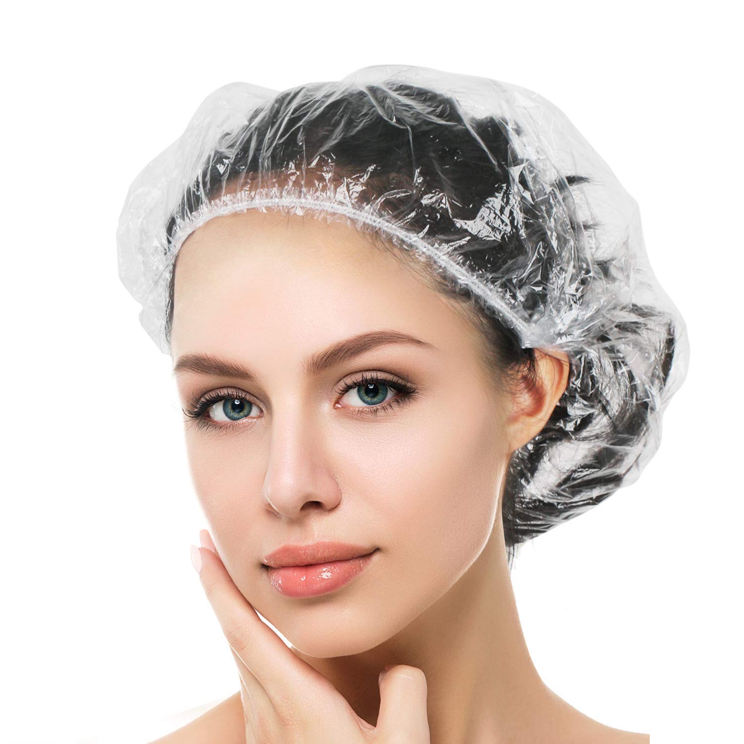 Auban 100PCS Disposable Shower Caps, Plastic Clear Hair Cap Large Thick Waterpro...