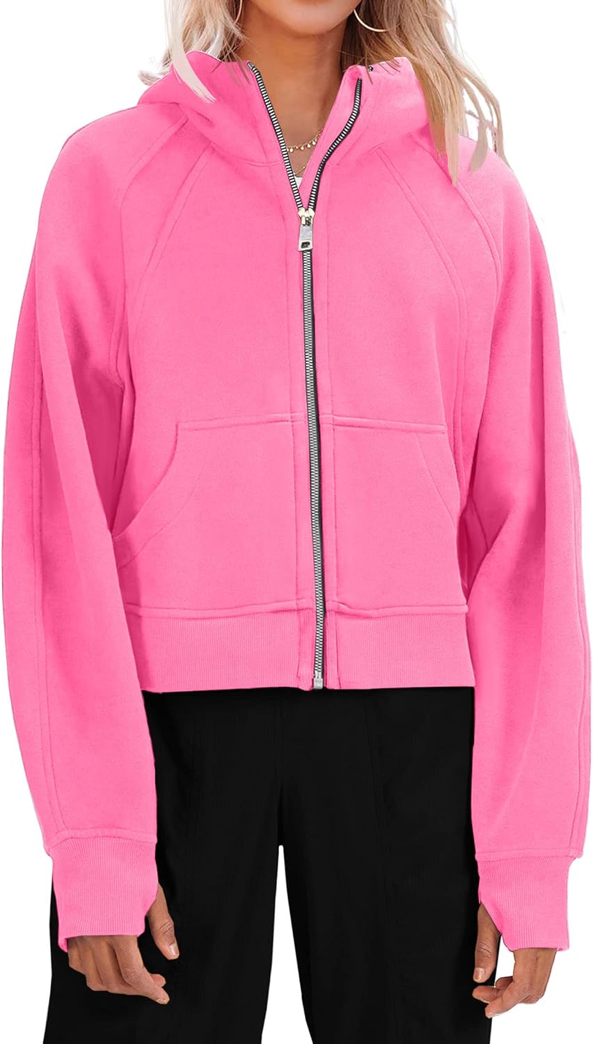 Fisoew Womens Zip Up Sweatshirts Fleece Lined Collar Crop Hoodie Casual Cotton L...