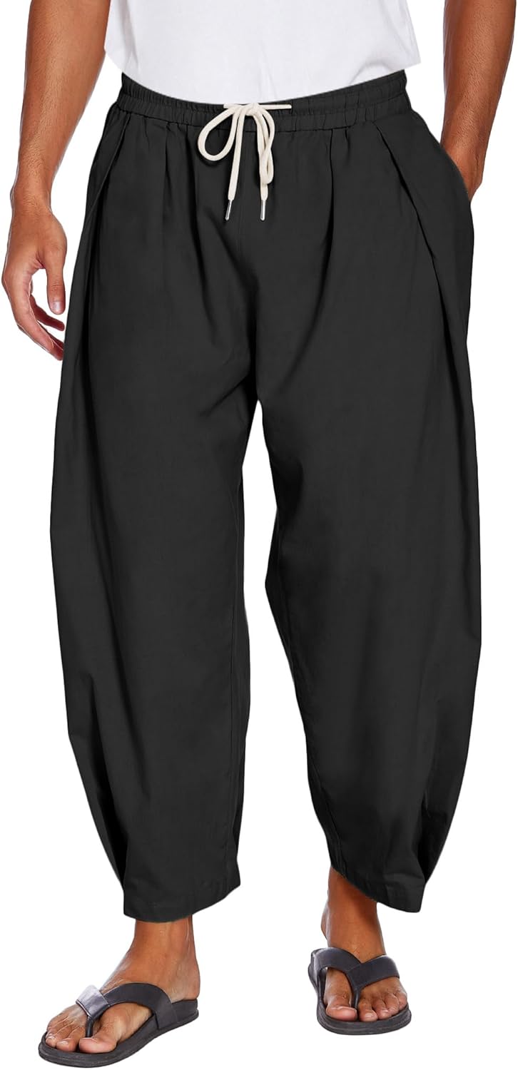 COOFANDY Men's Cotton Linen Harem Pants Drawstring Casual Cropped Trousers Light...