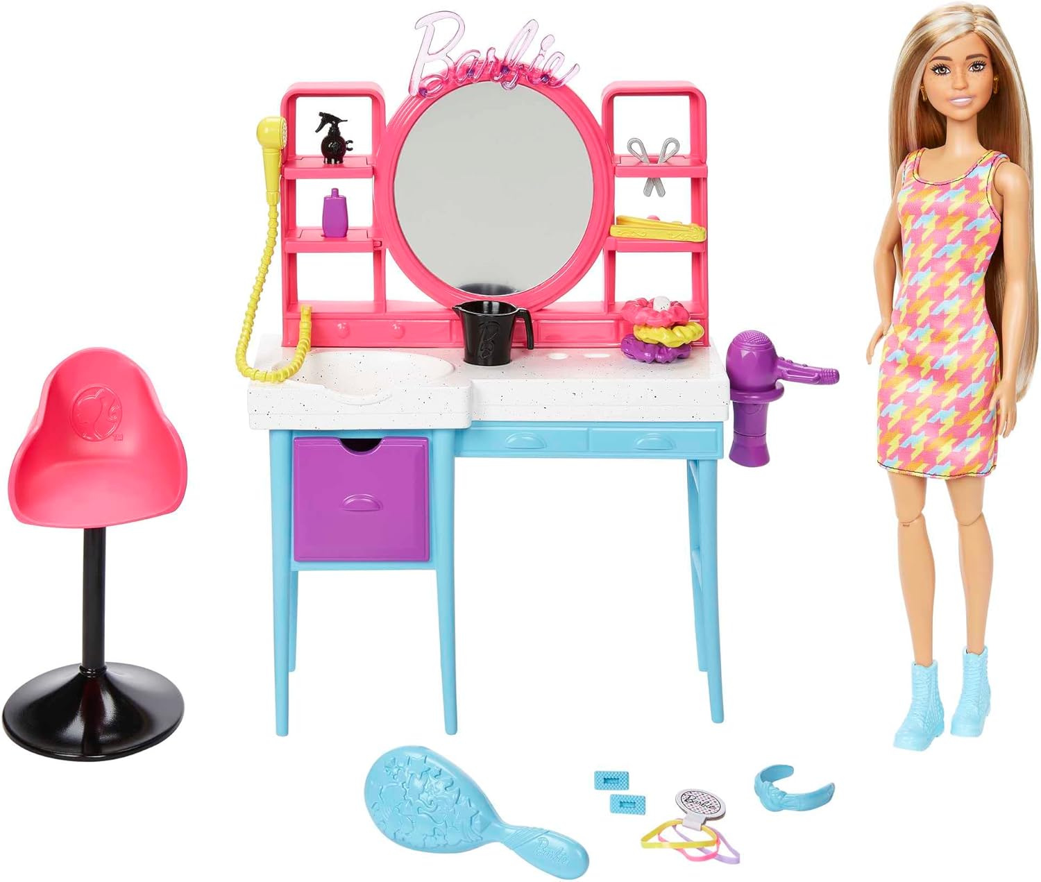 Barbie Doll & Hair Salon Playset with 15 Styling Accessories & Furniture, Long C...