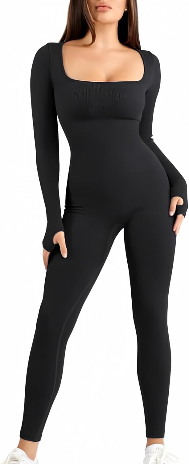 Popilush Jumpsuits for Women Long Sleeve Built-In Bra Square Neck Full Length Le...