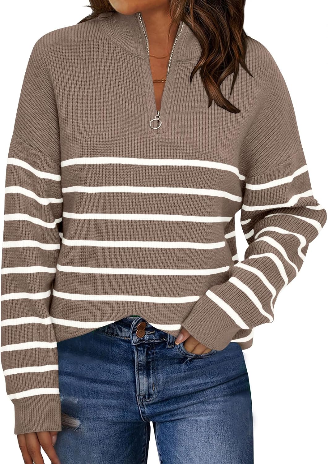 LILLUSORY Women's Quarter Zip Striped Oversized Sweater 2025 Mock Turtleneck Fal...