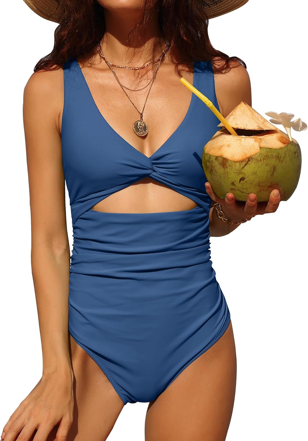 Charmo Womens One Piece Swimsuit Ruched Tummy Control High Cut Backless V Neck B...